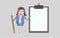 Business woman with a giant pencil next to a White clipboard.Isolated