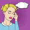 Business woman headache with thought bubble in pop art retro comic style. Vector stressed woman worker tired face