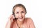 Business woman with headset operating welcoming phone