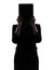 Business woman hiding computer computing digital tablet silhoue