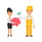 Business woman holding piggy bank and smiling. Builder holds banknote and smiles. Vector characters