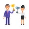 Business woman holding silver cup and smiling. Businessman holding gold cup and smiling. Vector characters