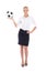 business woman holding soccer ball in hand isolated on whit