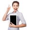 Business woman holding a tablet computer with finger up on white background