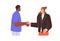 Business woman and man greeting with handshake. Happy partners, office colleagues shaking hands with respect at work