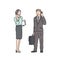 Business woman and man in strict suit talking on phone. Vector illustration in line art style isolated on white