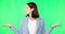 Business woman, open hands and palm by green screen for choice, decision and confused face in studio. Young