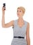 Business woman, phone and signal search with professional with mobile issue of employee in studio. Corporate fashion