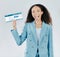 Business woman, plane ticket and studio portrait for international travel, excited face or white background. Happy