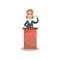 Business woman or politician character speaking to audience from tribune, public speaker, political debates, side view