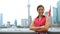 Business woman portrait in Shanghai China showing Pudong financial district