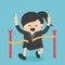 Business woman reaching the finish line. Competition concept, Cute cartoon vector design