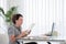 Business woman reading a document in office workspace