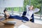 business woman relaxing or sleeping with her feet on the desk in office. female boss worker close eyes sitting with legs on the