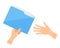 Business woman`s hand gives to another a blue document folder.