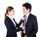 Business woman`s hands adjusting neck tie of man in suit isolate