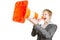 Business woman shouting in traffic cone
