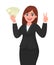 Business woman showing, holding bunch of money, cash, dollar, currency, banknotes in hand and gesturing, making victory, V, peace.