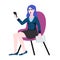 Business woman sits in a chair, gets angry and swears on the phone. Video communication via the Internet. Negative