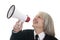 Business woman speaking into a bullhorn