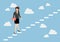 Business woman stepping up a staircase in the sky