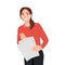 Business woman, student, clerk in office, advertising concept. Young businesswoman, girl clerk or manager company employee stands