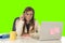 Business woman suffering stress at office computer isolated green chroma key