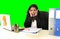 Business woman suffering stress working at office isolated green chroma key background