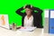 Business woman suffering stress working at office isolated green chroma key background