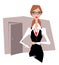 Business woman in a suit and glasses points a finger at the door.