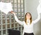 Business woman throws up her papers. lady manager smiling with happiness