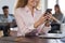 Business Woman Using Cell Smart Phone Closeup Businesspeople Group In Coworking Center Mix Race People Working