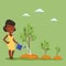 Business woman watering trees vector illustration.