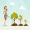 Business woman watering trees vector illustration.