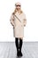 Business woman wear casual clothes style for winter autumn fashion model natural cashmere wool beige coat accessory hat blond