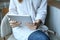 Business woman wear gray shirt with using tablet