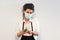 Business woman wear mask cover and take medicine