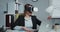 Business woman wearing virtual reality glasses in office. Young girl using VR goggles in office. Pretty woman working in