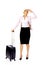 Business woman with wheeled suitcase covering eyes with hand