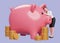 business woman in white shirt and black skirt hugging big pink piggy bank saving gold coins for future