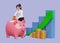 business woman in white shirt and black skirt saving gold coins into piggy bank with bar chart and green arrow up