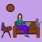 Business woman working from home. Independent works online. Vector illustration on isolated purple background. Lady is sitting.