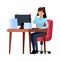 Business woman works in office. Professional elegant lady talk on phone at desk, vector working businesswoman