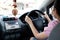 Business women drive cars, Girl learns to drive cars with automatic transmission