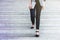 Business working woman leg steps walking down stair at office outdoor, front view, Success and Motivation of modern female concept