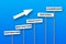 Business works signs progressing Graph. Arrow Upward With business keywords. Leadership and Success Concept. blue Background