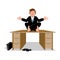 Business yoga. Businessman meditating on table. Manager sitting