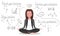 Business yoga concept, woman meditates, make plans and generates ideas on white isolated background.