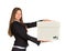 Businesslady holding box and looking at camera