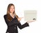 Businesslady holding and pointing at white box